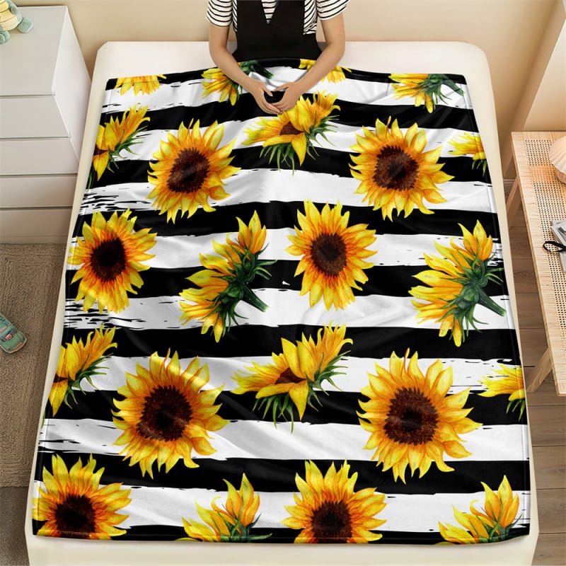 Слънчогледово фланелено одеяло, 100% полиестер, 260 g, пролетно-есенно, принт растения и цветя, персонализируемо за легло и диван