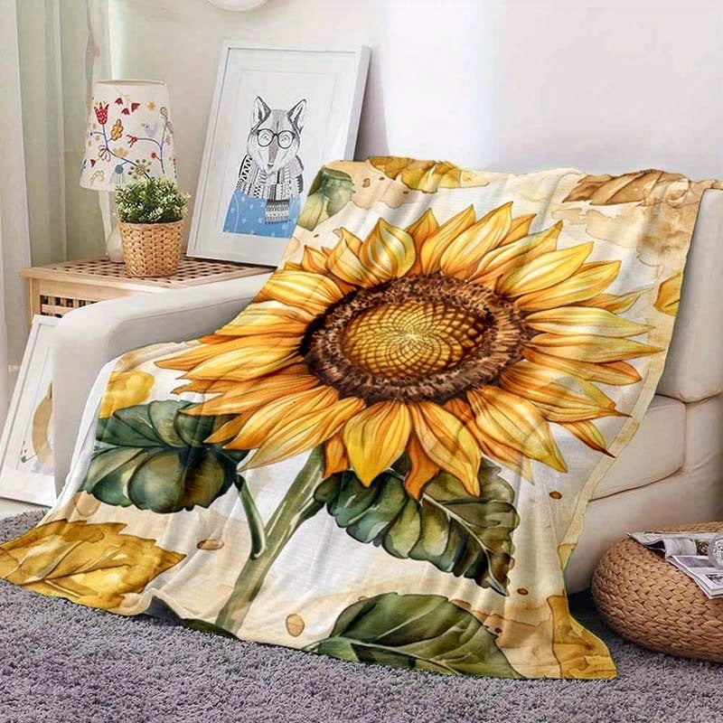 Слънчогледово фланелено одеяло, 100% полиестер, 260 g, пролетно-есенно, принт растения и цветя, персонализируемо за легло и диван