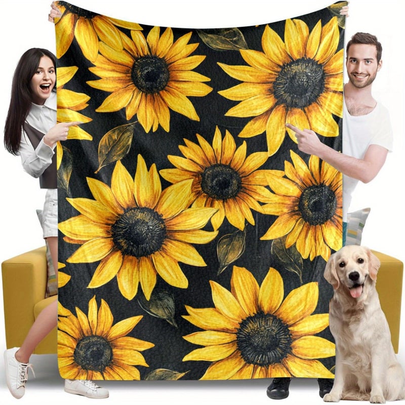 Слънчогледово фланелено одеяло, 100% полиестер, 260 g, пролетно-есенно, принт растения и цветя, персонализируемо за легло и диван