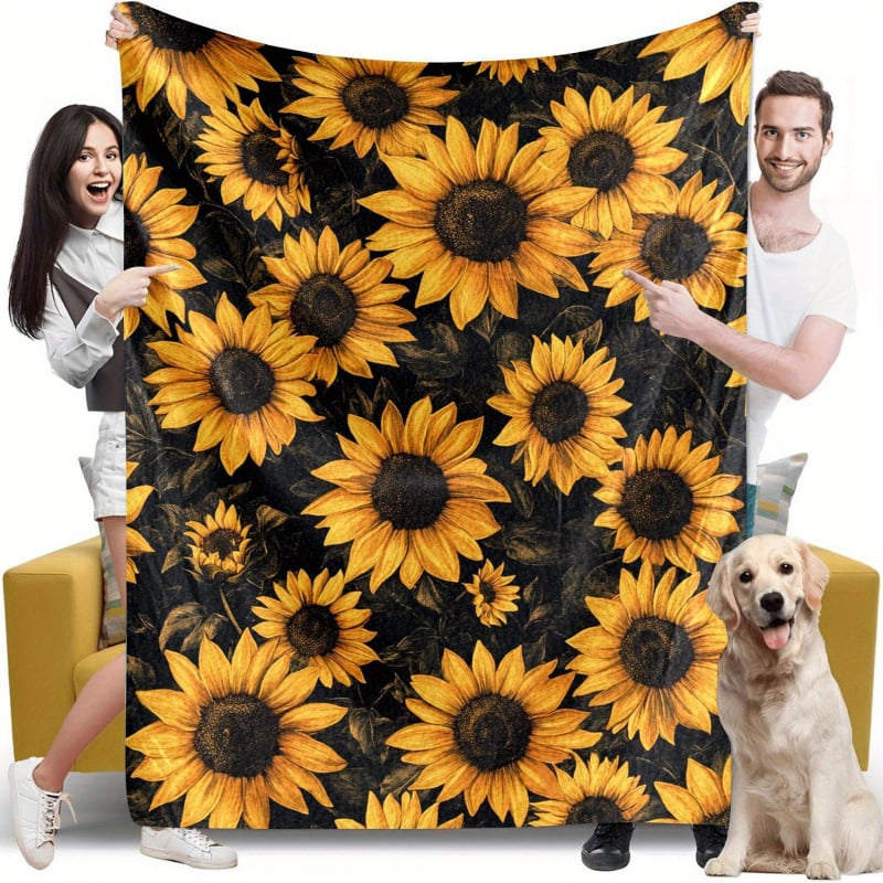 Слънчогледово фланелено одеяло, 100% полиестер, 260 g, пролетно-есенно, принт растения и цветя, персонализируемо за легло и диван
