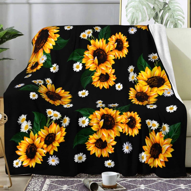 Слънчогледово фланелено одеяло, 100% полиестер, 260 g, пролетно-есенно, принт растения и цветя, персонализируемо за легло и диван