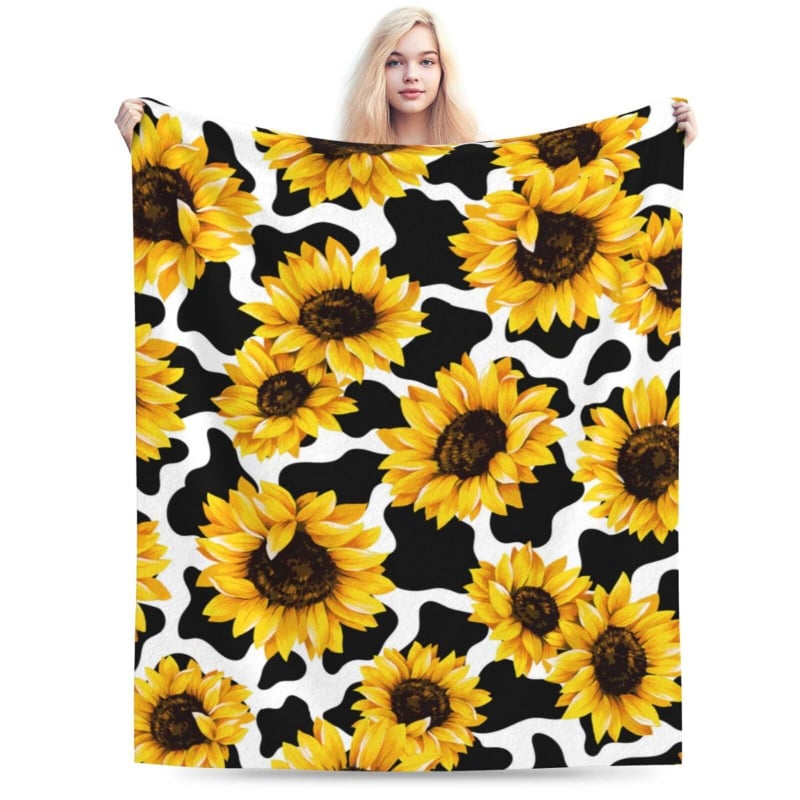Слънчогледово фланелено одеяло, 100% полиестер, 260 g, пролетно-есенно, принт растения и цветя, персонализируемо за легло и диван