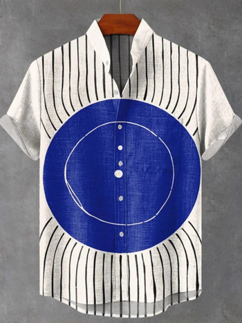 Vyrų lininiai marškiniai su 3D spauda, trumpomis rankovėmis, stovinčiu apykakle, atvira priekinė dalis, laisvas kirpimas