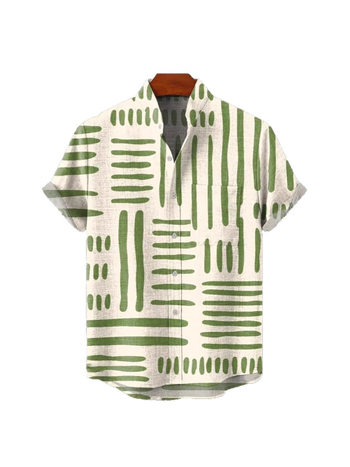 Vyrų lininiai marškiniai su 3D spauda, trumpomis rankovėmis, stovinčiu apykakle, atvira priekinė dalis, laisvas kirpimas