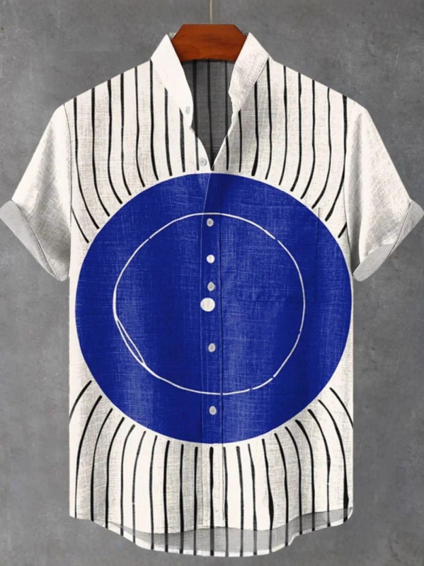 Vyrų lininiai marškiniai su 3D spauda, trumpomis rankovėmis, stovinčiu apykakle, atvira priekinė dalis, laisvas kirpimas