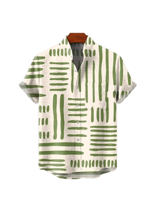 Vyrų lininiai marškiniai su 3D spauda, trumpomis rankovėmis, stovinčiu apykakle, atvira priekinė dalis, laisvas kirpimas