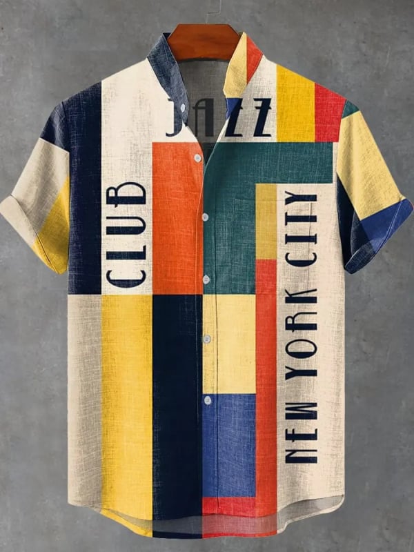 Vyrų lininiai marškiniai su 3D spauda, trumpomis rankovėmis, stovinčiu apykakle, atvira priekinė dalis, laisvas kirpimas