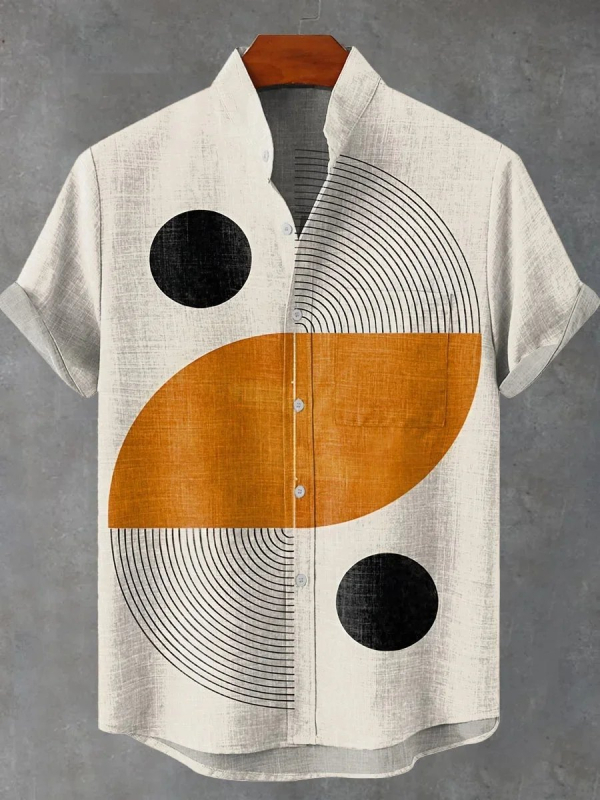 Vyrų lininiai marškiniai su 3D spauda, trumpomis rankovėmis, stovinčiu apykakle, atvira priekinė dalis, laisvas kirpimas