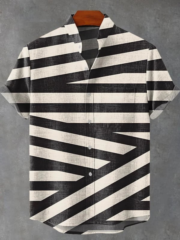 Vyrų lininiai marškiniai su 3D spauda, trumpomis rankovėmis, stovinčiu apykakle, atvira priekinė dalis, laisvas kirpimas