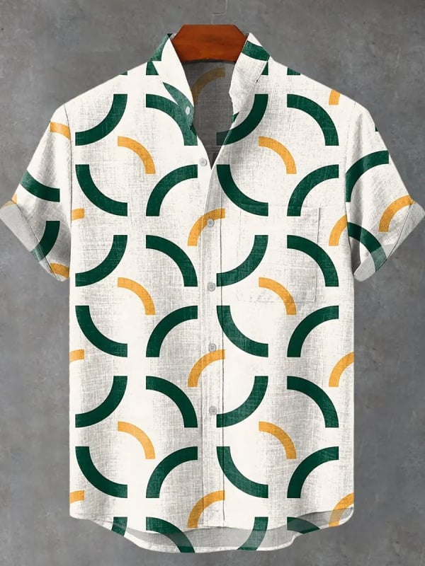 Vyrų lininiai marškiniai su 3D spauda, trumpomis rankovėmis, stovinčiu apykakle, atvira priekinė dalis, laisvas kirpimas