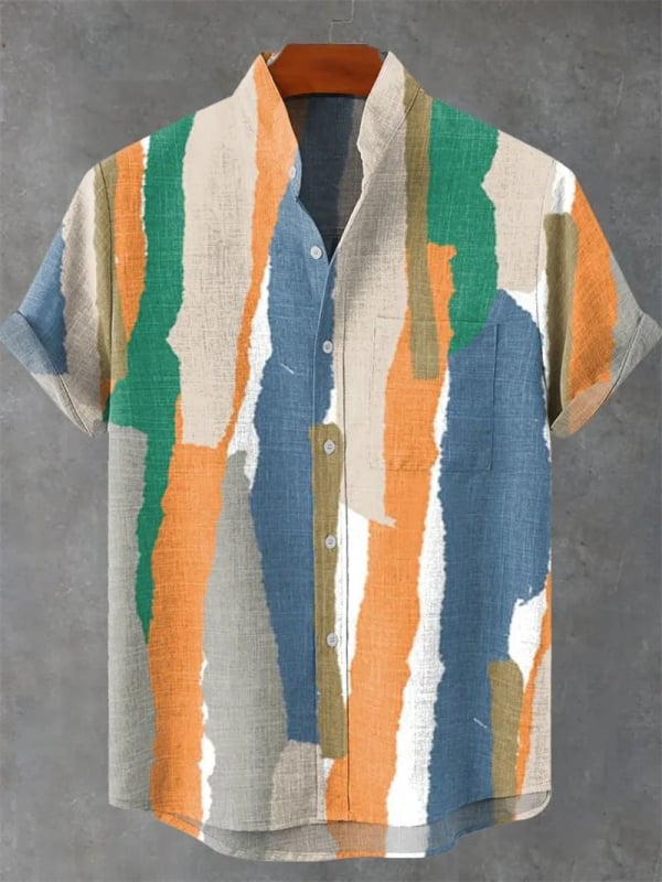 Vyrų lininiai marškiniai su 3D spauda, trumpomis rankovėmis, stovinčiu apykakle, atvira priekinė dalis, laisvas kirpimas