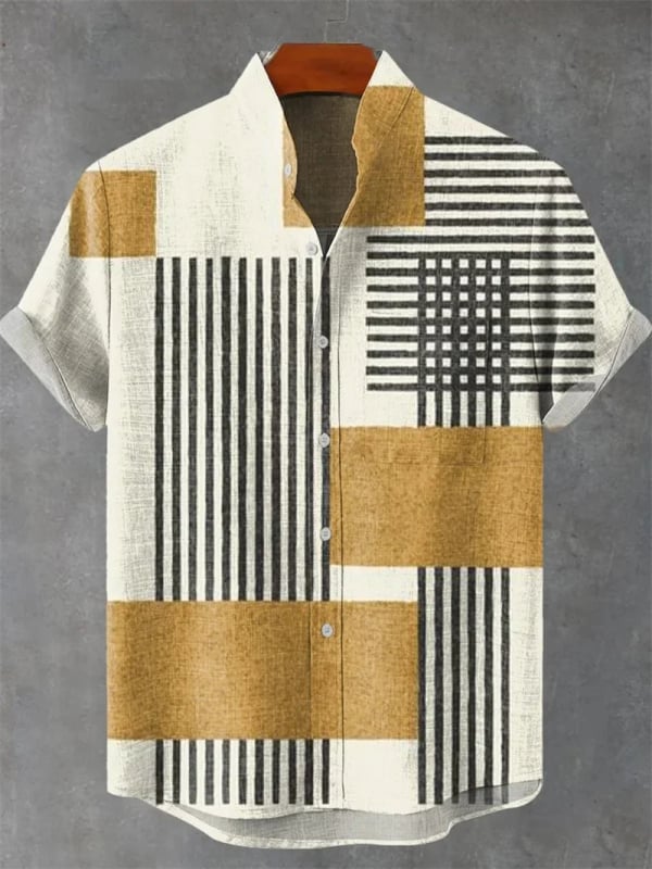 Vyrų lininiai marškiniai su 3D spauda, trumpomis rankovėmis, stovinčiu apykakle, atvira priekinė dalis, laisvas kirpimas