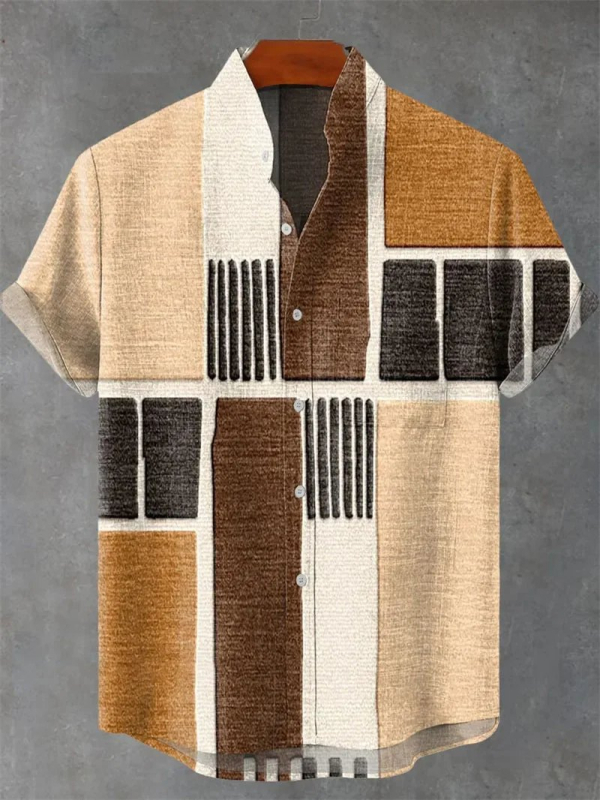 Vyrų lininiai marškiniai su 3D spauda, trumpomis rankovėmis, stovinčiu apykakle, atvira priekinė dalis, laisvas kirpimas