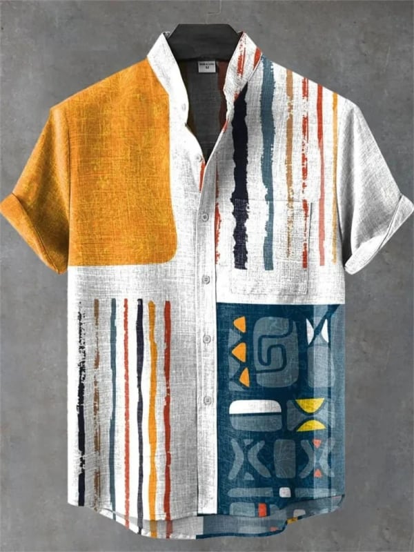 Vyrų lininiai marškiniai su 3D spauda, trumpomis rankovėmis, stovinčiu apykakle, atvira priekinė dalis, laisvas kirpimas