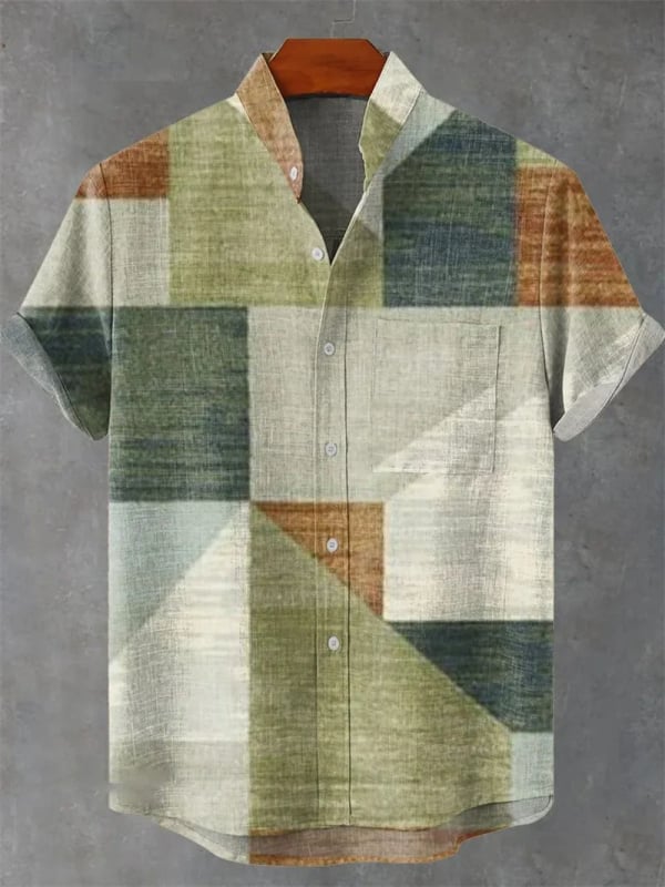 Vyrų lininiai marškiniai su 3D spauda, trumpomis rankovėmis, stovinčiu apykakle, atvira priekinė dalis, laisvas kirpimas