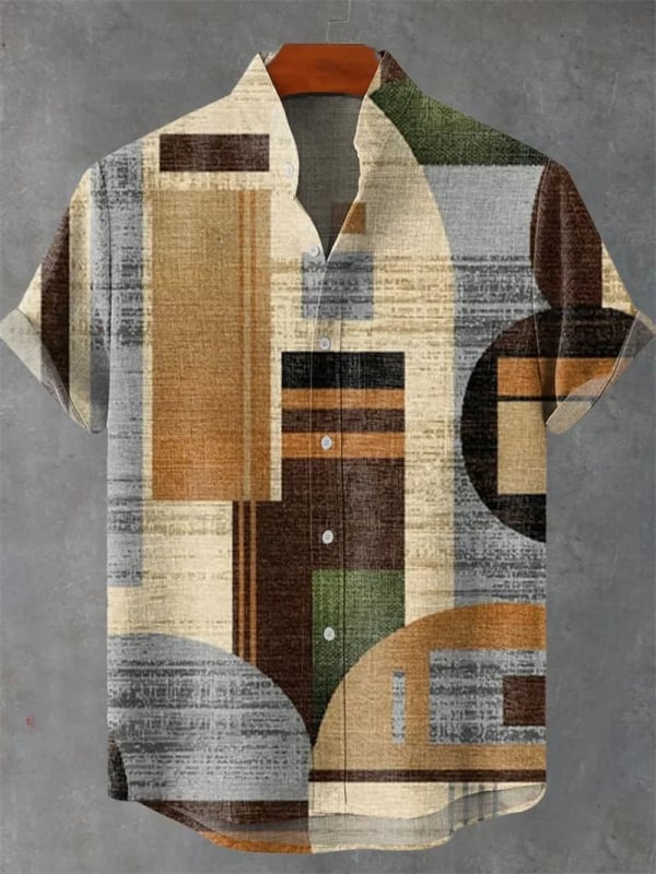 Vyrų lininiai marškiniai su 3D spauda, trumpomis rankovėmis, stovinčiu apykakle, atvira priekinė dalis, laisvas kirpimas