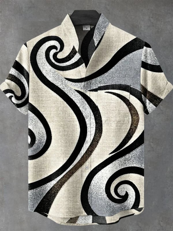 Vyrų lininiai marškiniai su 3D spauda, trumpomis rankovėmis, stovinčiu apykakle, atvira priekinė dalis, laisvas kirpimas