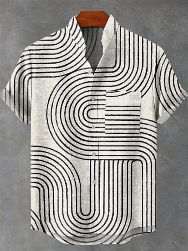 Vyrų lininiai marškiniai su 3D spauda, trumpomis rankovėmis, stovinčiu apykakle, atvira priekinė dalis, laisvas kirpimas