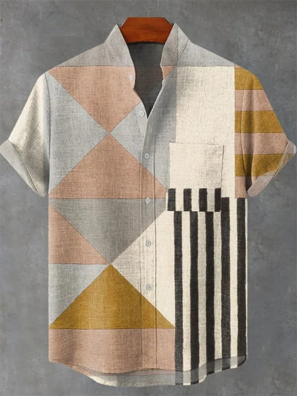 Vyrų lininiai marškiniai su 3D spauda, trumpomis rankovėmis, stovinčiu apykakle, atvira priekinė dalis, laisvas kirpimas