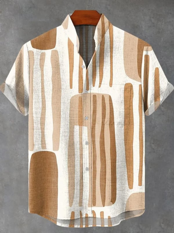 Vyrų lininiai marškiniai su 3D spauda, trumpomis rankovėmis, stovinčiu apykakle, atvira priekinė dalis, laisvas kirpimas