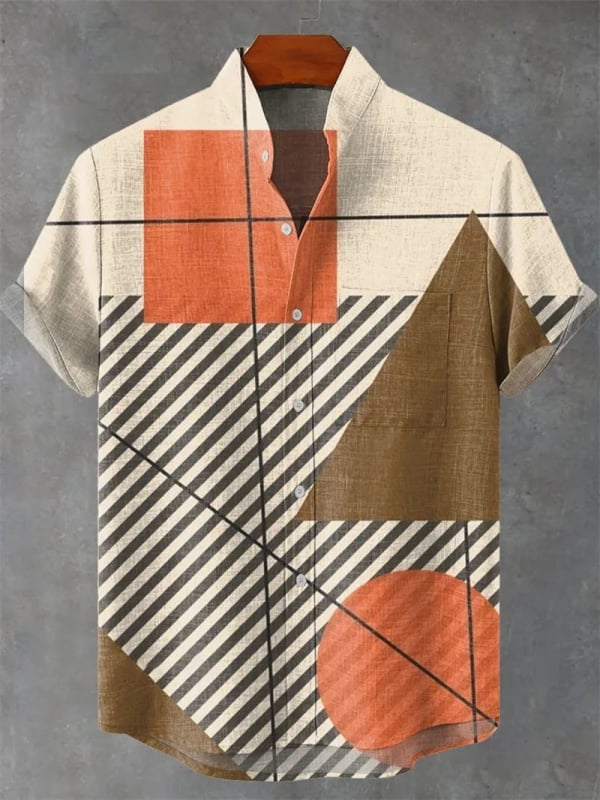 Vyrų lininiai marškiniai su 3D spauda, trumpomis rankovėmis, stovinčiu apykakle, atvira priekinė dalis, laisvas kirpimas