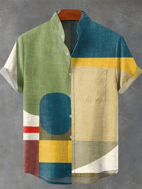 Vyrų lininiai marškiniai su 3D spauda, trumpomis rankovėmis, stovinčiu apykakle, atvira priekinė dalis, laisvas kirpimas