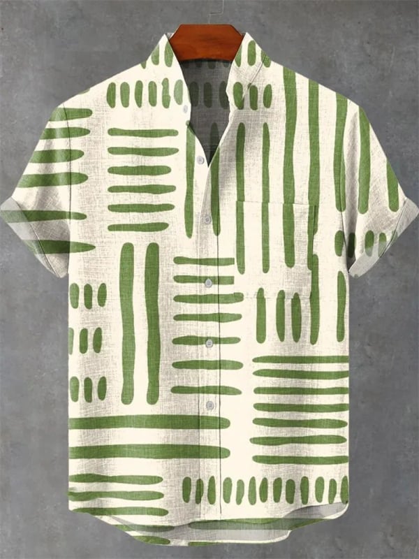 Vyrų lininiai marškiniai su 3D spauda, trumpomis rankovėmis, stovinčiu apykakle, atvira priekinė dalis, laisvas kirpimas