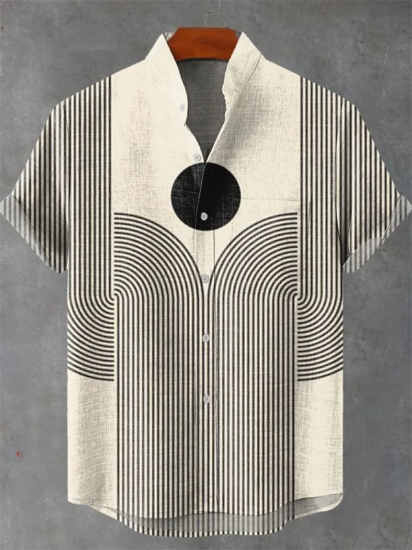 Vyrų lininiai marškiniai su 3D spauda, trumpomis rankovėmis, stovinčiu apykakle, atvira priekinė dalis, laisvas kirpimas