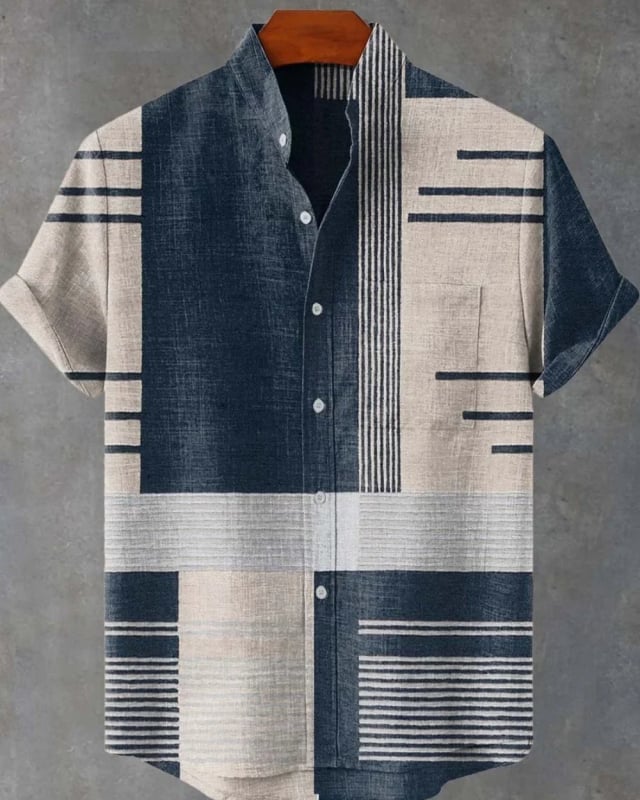 Vyrų lininiai marškiniai su 3D spauda, trumpomis rankovėmis, stovinčiu apykakle, atvira priekinė dalis, laisvas kirpimas