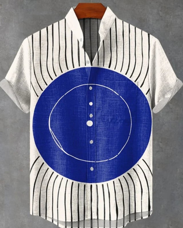 Vyrų lininiai marškiniai su 3D spauda, trumpomis rankovėmis, stovinčiu apykakle, atvira priekinė dalis, laisvas kirpimas