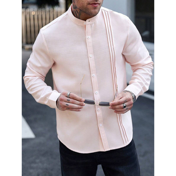 Vyriniai lininiai Slim Fit marškiniai su plačiai išskleistu apykakle, ¾ rankovės, spalvų blokų raštas, lino sudėtis 51–70%