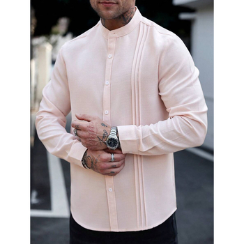 Vyriniai lininiai Slim Fit marškiniai su plačiai išskleistu apykakle, ¾ rankovės, spalvų blokų raštas, lino sudėtis 51–70%