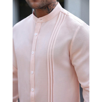 Vyriniai lininiai Slim Fit marškiniai su plačiai išskleistu apykakle, ¾ rankovės, spalvų blokų raštas, lino sudėtis 51–70%