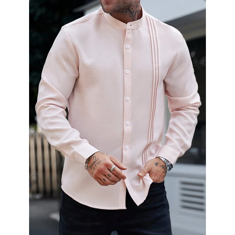 Vyriniai lininiai Slim Fit marškiniai su plačiai išskleistu apykakle, ¾ rankovės, spalvų blokų raštas, lino sudėtis 51–70%