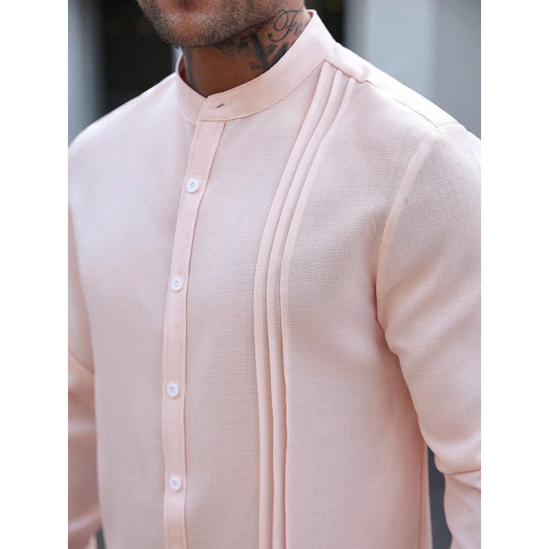 Vyriniai lininiai Slim Fit marškiniai su plačiai išskleistu apykakle, ¾ rankovės, spalvų blokų raštas, lino sudėtis 51–70%