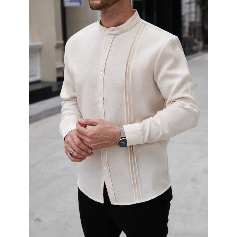 Vyriniai lininiai Slim Fit marškiniai su plačiai išskleistu apykakle, ¾ rankovės, spalvų blokų raštas, lino sudėtis 51–70%