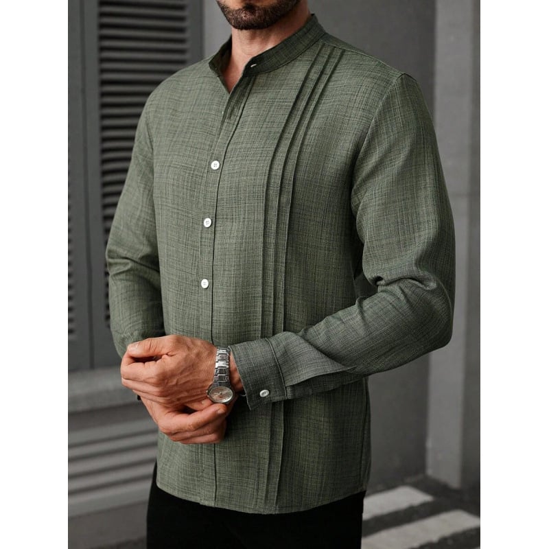 Vyriniai lininiai Slim Fit marškiniai su plačiai išskleistu apykakle, ¾ rankovės, spalvų blokų raštas, lino sudėtis 51–70%