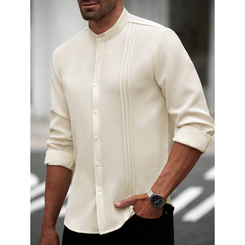 Vyriniai lininiai Slim Fit marškiniai su plačiai išskleistu apykakle, ¾ rankovės, spalvų blokų raštas, lino sudėtis 51–70%