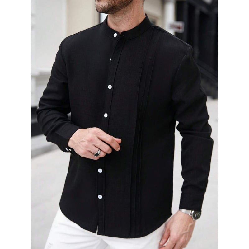 Vyriniai lininiai Slim Fit marškiniai su plačiai išskleistu apykakle, ¾ rankovės, spalvų blokų raštas, lino sudėtis 51–70%