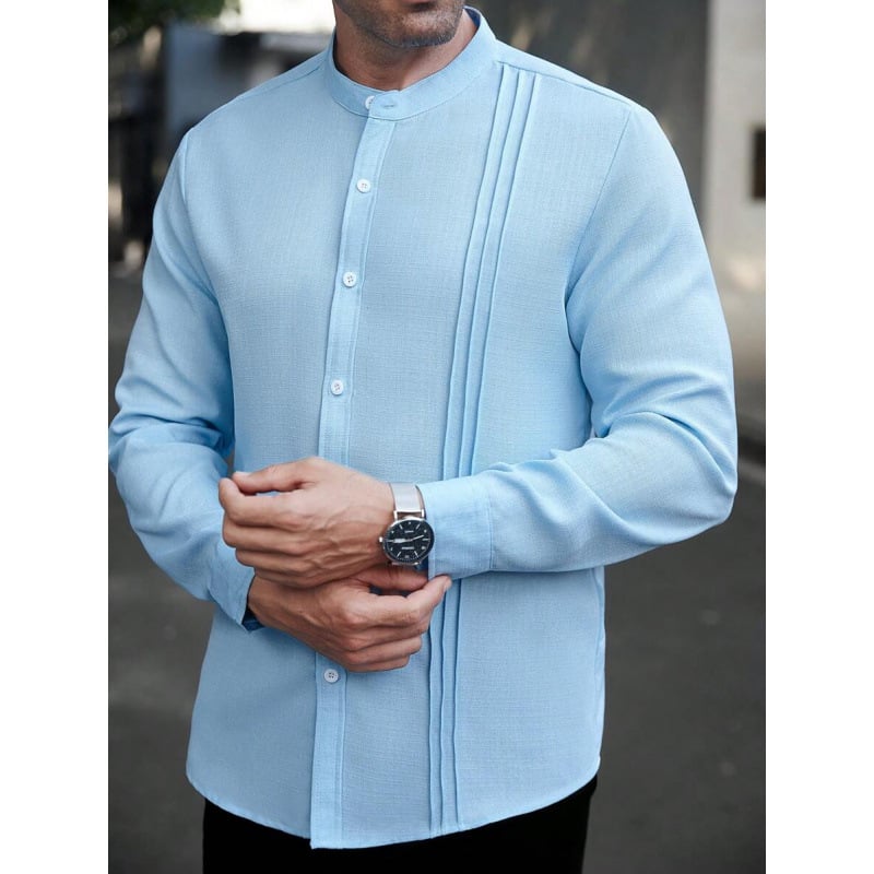 Vyriniai lininiai Slim Fit marškiniai su plačiai išskleistu apykakle, ¾ rankovės, spalvų blokų raštas, lino sudėtis 51–70%