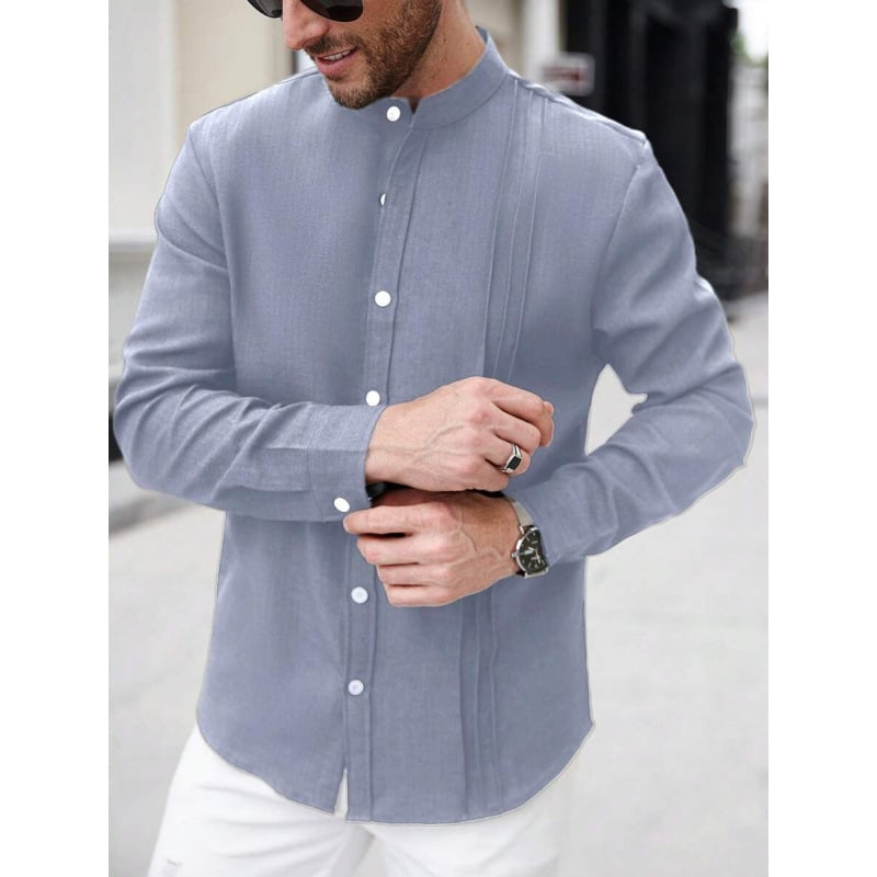 Vyriniai lininiai Slim Fit marškiniai su plačiai išskleistu apykakle, ¾ rankovės, spalvų blokų raštas, lino sudėtis 51–70%