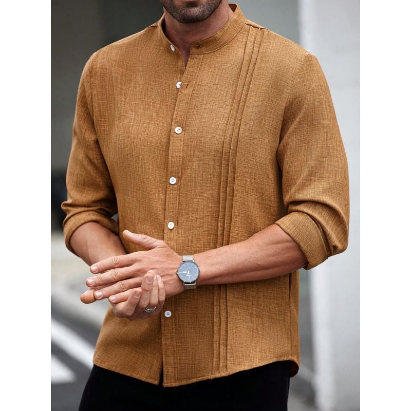 Vyriniai lininiai Slim Fit marškiniai su plačiai išskleistu apykakle, ¾ rankovės, spalvų blokų raštas, lino sudėtis 51–70%