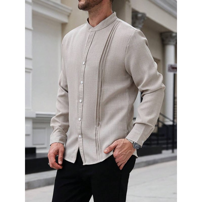 Vyriniai lininiai Slim Fit marškiniai su plačiai išskleistu apykakle, ¾ rankovės, spalvų blokų raštas, lino sudėtis 51–70%