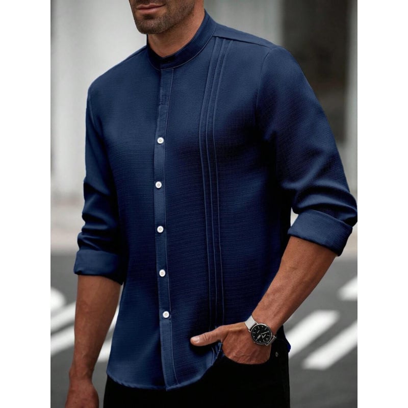 Vyriniai lininiai Slim Fit marškiniai su plačiai išskleistu apykakle, ¾ rankovės, spalvų blokų raštas, lino sudėtis 51–70%