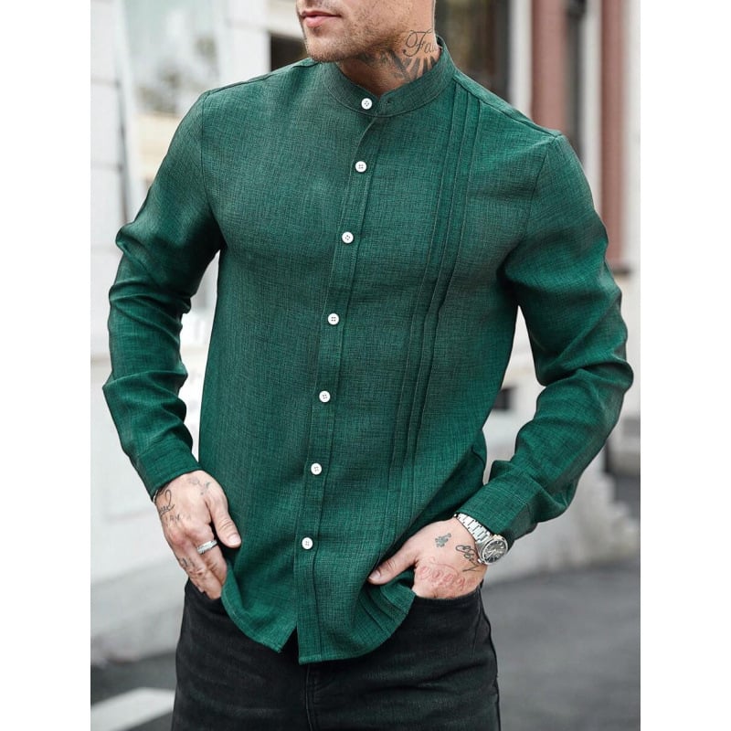 Vyriniai lininiai Slim Fit marškiniai su plačiai išskleistu apykakle, ¾ rankovės, spalvų blokų raštas, lino sudėtis 51–70%