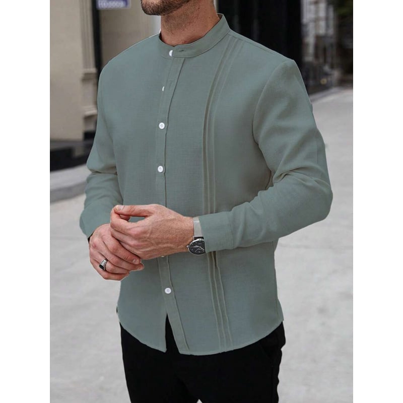 Vyriniai lininiai Slim Fit marškiniai su plačiai išskleistu apykakle, ¾ rankovės, spalvų blokų raštas, lino sudėtis 51–70%