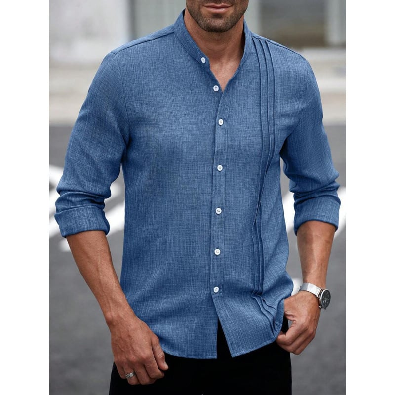 Vyriniai lininiai Slim Fit marškiniai su plačiai išskleistu apykakle, ¾ rankovės, spalvų blokų raštas, lino sudėtis 51–70%