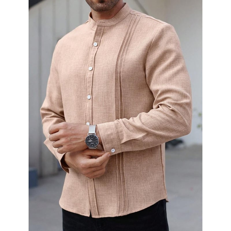 Vyriniai lininiai Slim Fit marškiniai su plačiai išskleistu apykakle, ¾ rankovės, spalvų blokų raštas, lino sudėtis 51–70%