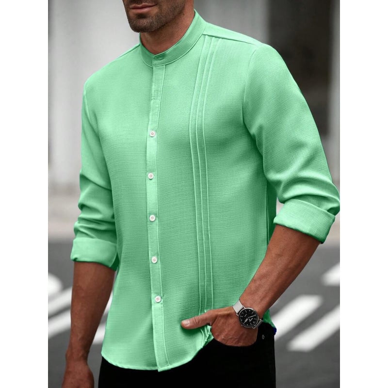 Vyriniai lininiai Slim Fit marškiniai su plačiai išskleistu apykakle, ¾ rankovės, spalvų blokų raštas, lino sudėtis 51–70%