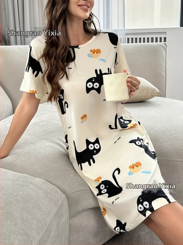 Jednodielne luxusné pyžamové šaty s kruhovým výstrihom, midi dĺžka, 100% polyester.